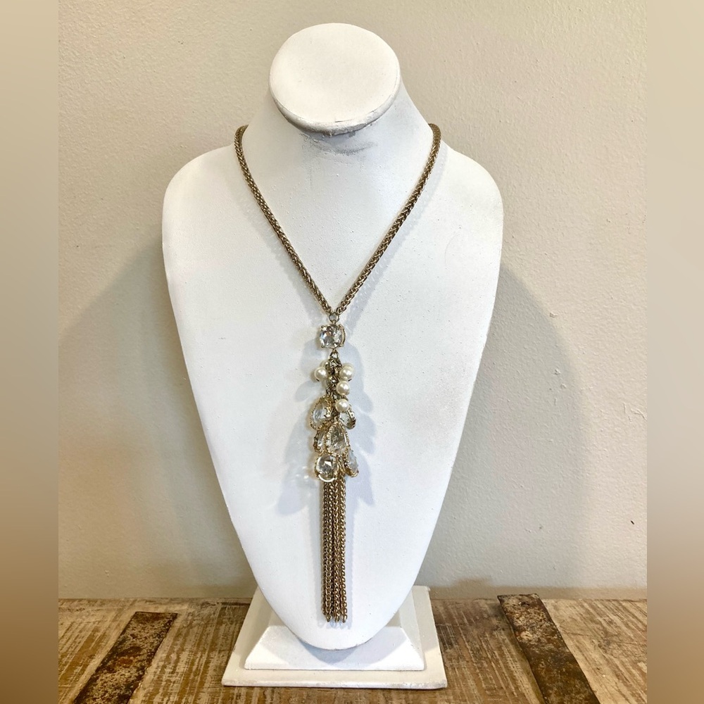 WHBM Gold Tone Tassel and Chain Necklace Faux Crystals Faux Pearls Long